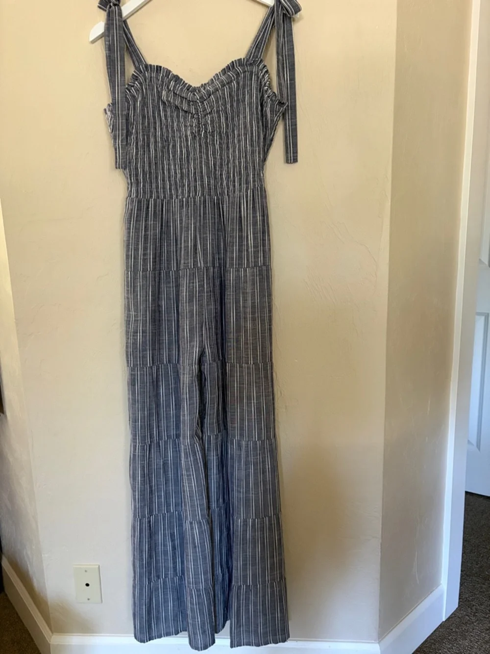 En Creme Blue and White Striped Tie-Shoulder Jumpsuit